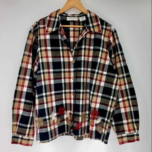 Vintage Tops - Vintage Boxy Button Up Shirt Women's XL Tan Black Plaid Flower Leaf Art To Wear